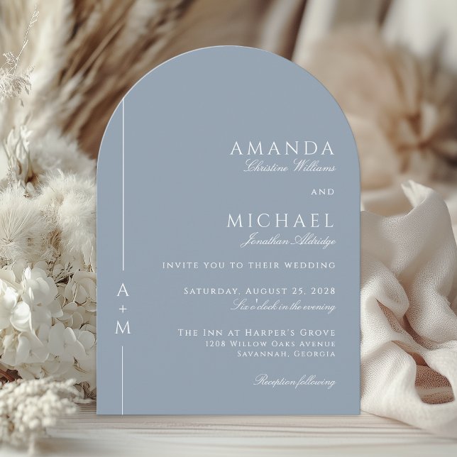 Simple Dusty Blue Elegant Monogram QR code Wedding Invitation (Available in both printed and instant download digital formats.)