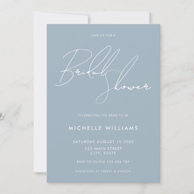Simple Dusty Blue Elegant Script Bridal Shower Invitation (Front)