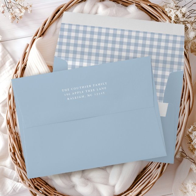 Simple dusty blue envelope with gingham lining (Simple dusty blue return address envelope with gingham check lining.)