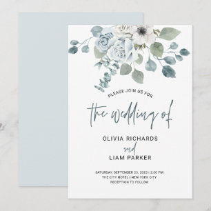 Simple Dusty Blue Floral and Eucalyptus Wedding Invitation