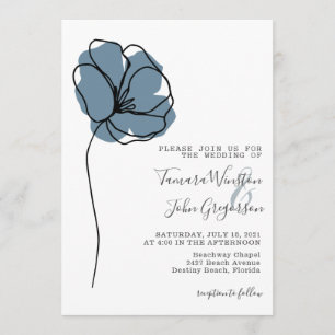 Simple Dusty Blue Floral Drawing Line Art Wedding Invitation