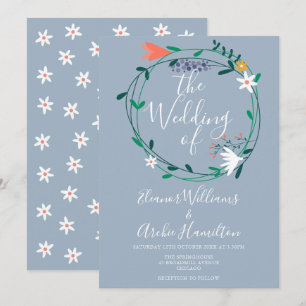 Simple Dusty Blue Floral Garland Wedding Invitation