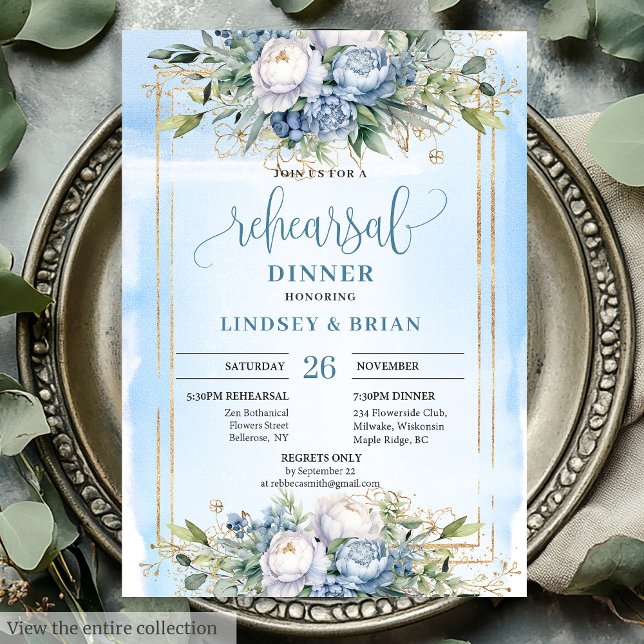 Simple Dusty Blue Floral Gold Frame Dinner Invite (Simple Dusty Blue Floral Gold Frame Dinner Invite)