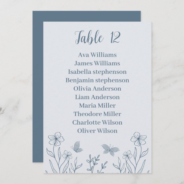 Simple dusty blue floral seating chart card (Front/Back)