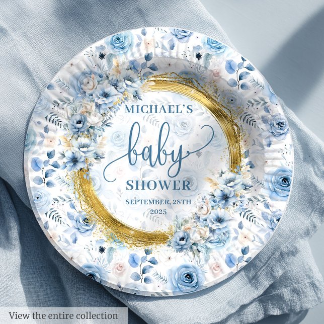 Simple dusty blue flowers gold boho watercolor  paper plate (Simple dusty blue flowers gold boho watercolor Paper Plates )