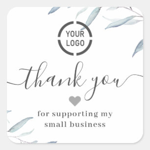 Simple dusty blue greenery logo business thank you square sticker