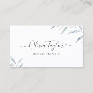 Simple Dusty Blue Greenery Massage Therapist Business Card