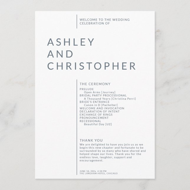 Simple Dusty Blue Isolated Names Wedding Ceremony Programme (Front)