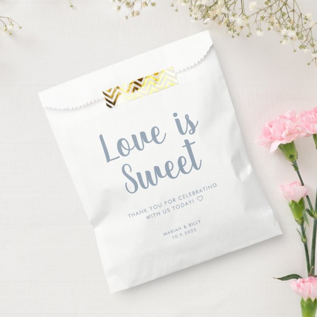 Simple Dusty Blue Love is Sweet Script Wedding Favour Bags (Sealed)