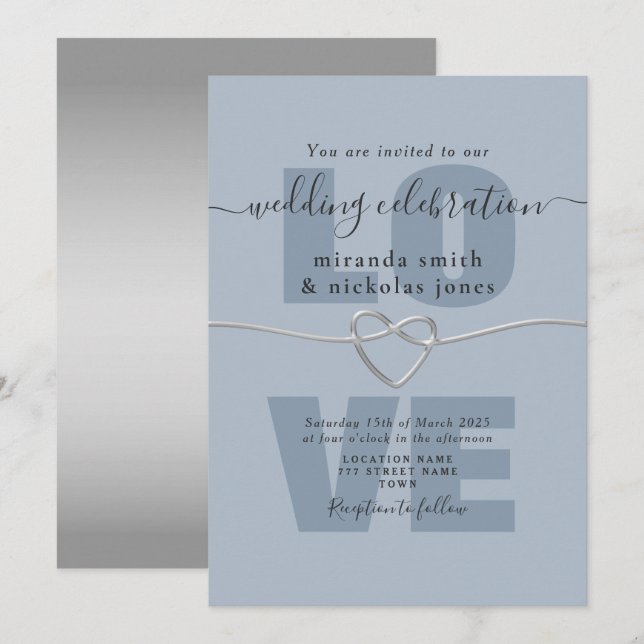 Simple Dusty Blue Love Script Wedding Invitation (Front/Back)