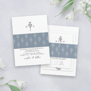 Simple Dusty Blue Minimal Floral Pattern Wedding Invitation Belly Band