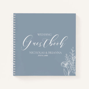 Simple Dusty Blue Minimal Floral Wedding Guestbook Notebook
