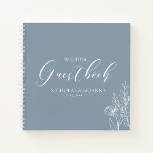 Simple Dusty Blue Minimal Floral Wedding Guestbook Notebook