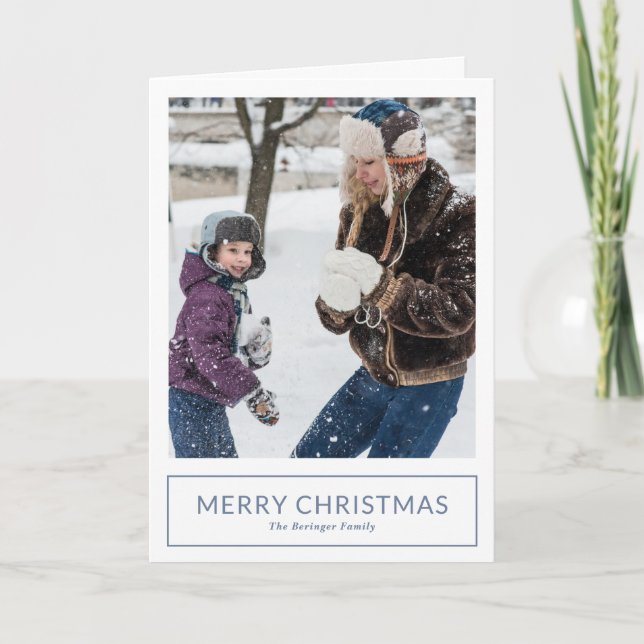 Simple Dusty Blue Minimalist Photo Christmas Holiday Card (Front)