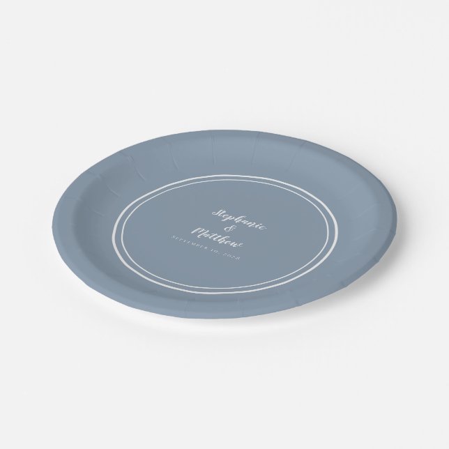 Simple Dusty Blue Modern Bride & Groom Wedding Paper Plate (Angled)