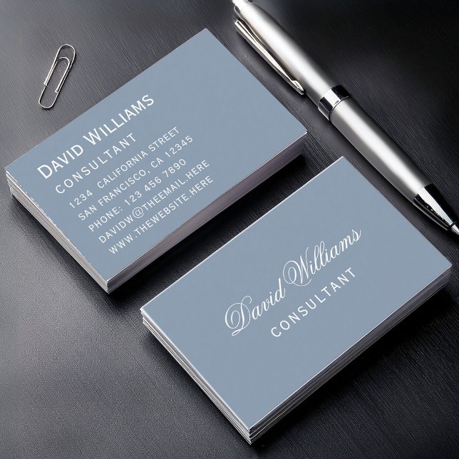 Simple Dusty Blue Modern Colour White Script Business Card (Creator Uploaded)