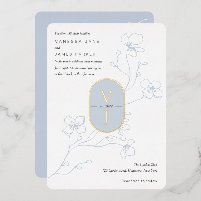 Simple dusty blue modern floral garden wedding  (Front/Back)