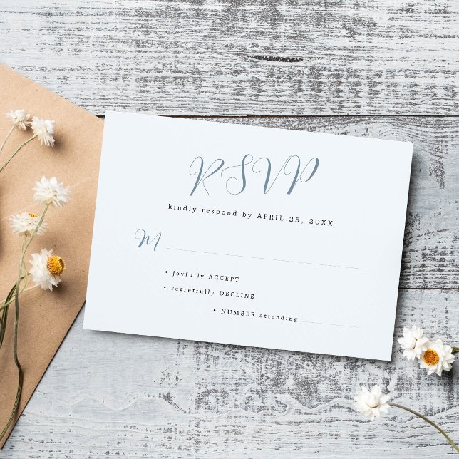 Simple dusty blue modern script wedding RSVP card (Creator Uploaded)
