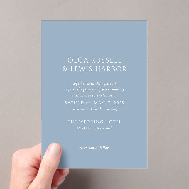 Simple Dusty Blue Modern Wedding Acrylic Invitations (Insitu (Handheld))