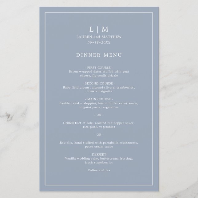Simple Dusty Blue Monogram Elegant Wedding Menu (Front)