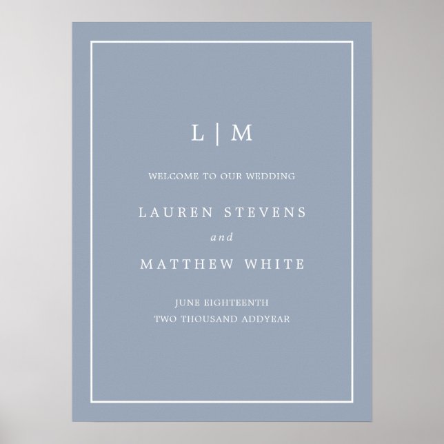 Simple Dusty Blue Monogram Elegant Wedding Poster (Front)