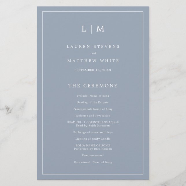 Simple Dusty Blue Monogram Elegant Wedding Program Flyer (Front)