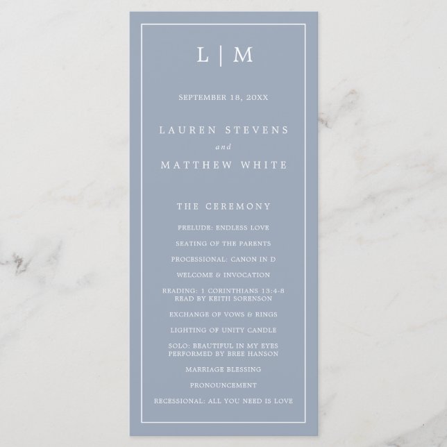 Simple Dusty Blue Monogram Elegant Wedding Programme (Front)