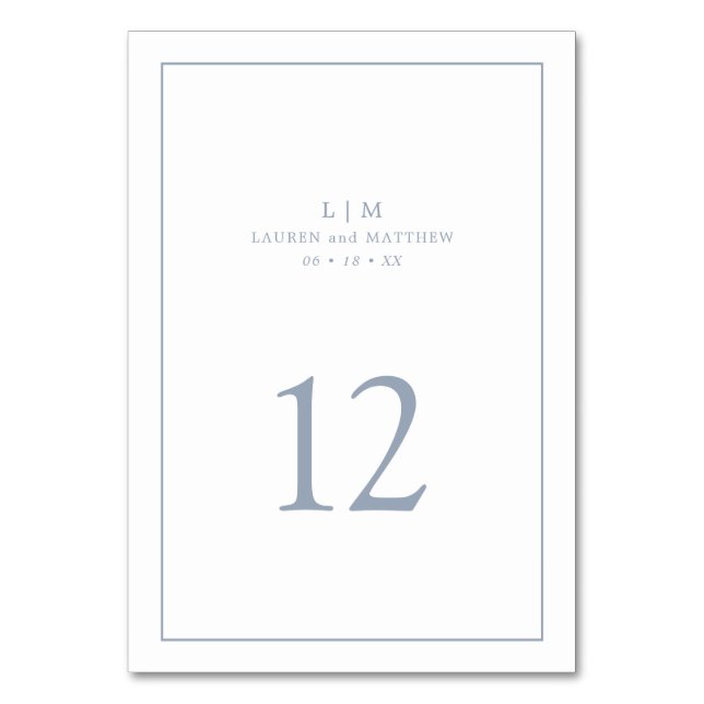 Simple Dusty Blue Monogram Elegant Wedding Table Number (Front)