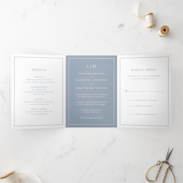 Simple Dusty Blue Monogram Elegant Wedding Tri-Fold Invitation (Inside)