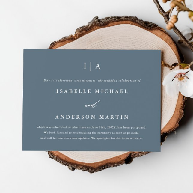 Simple Dusty Blue Monogram Wedding Postponement Announcement (Creator Uploaded)