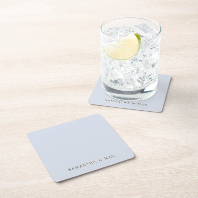 Simple Dusty Blue Personalised Modern Wedding Square Paper Coaster (Insitu)