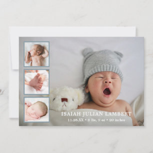 Simple Dusty Blue Photo Collage Boy Birth Announcement