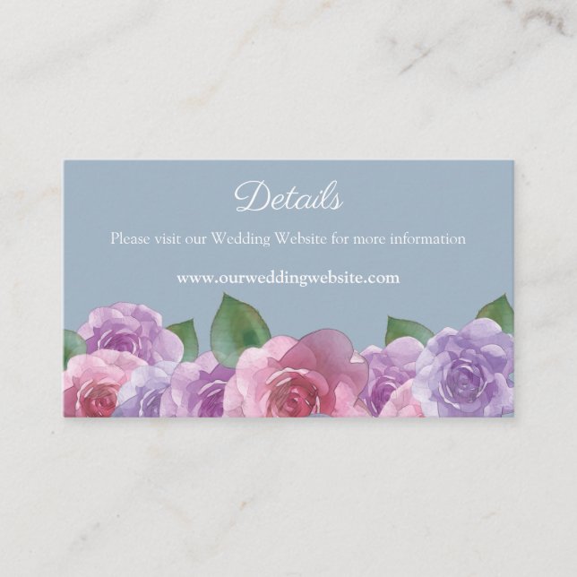 Simple Dusty Blue Pink Rose Floral Wedding Website Enclosure Card (Front)