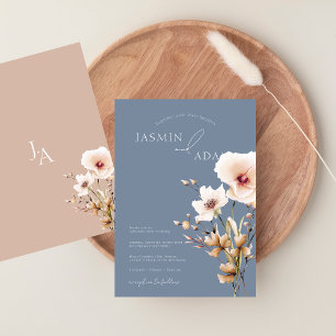 Simple Dusty Blue Pink Wildflowers Floral Wedding Invitation