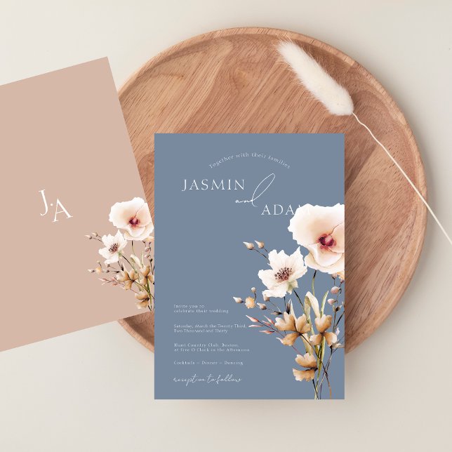 Simple Dusty Blue Pink Wildflowers Wedding Invitation (Simple Dusty Blue Pink Wildflowers Wedding Invitation)