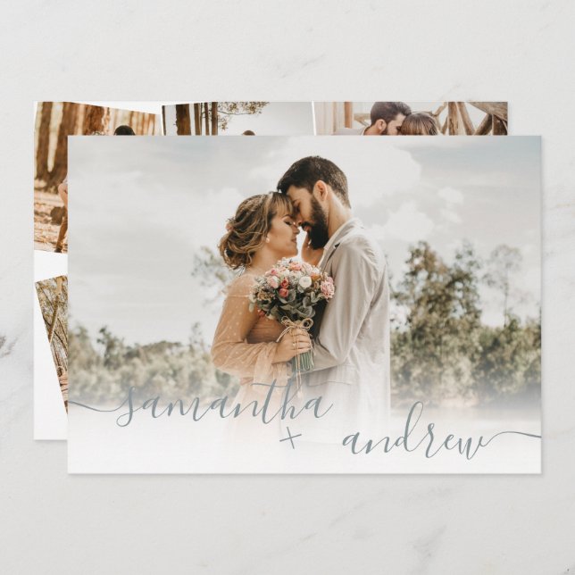 Simple dusty blue script 5 photos wedding invitation (Front/Back)