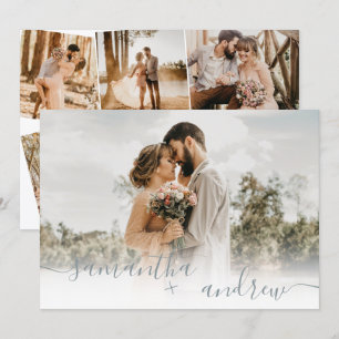 Simple dusty blue script 5 photos wedding invitation