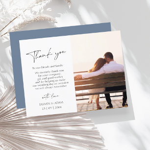 Simple Dusty Blue Script Photo Wedding Thank You Postcard