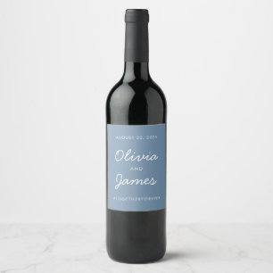 Simple Dusty Blue Script Wedding Hashtag Favour Wine Label