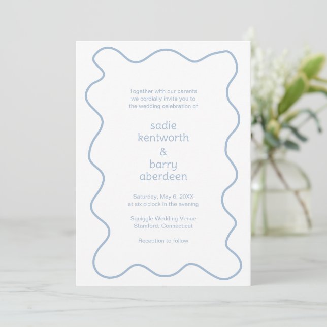 Simple Dusty Blue Squiggle Frame Modern Wedding Invitation (Standing Front)