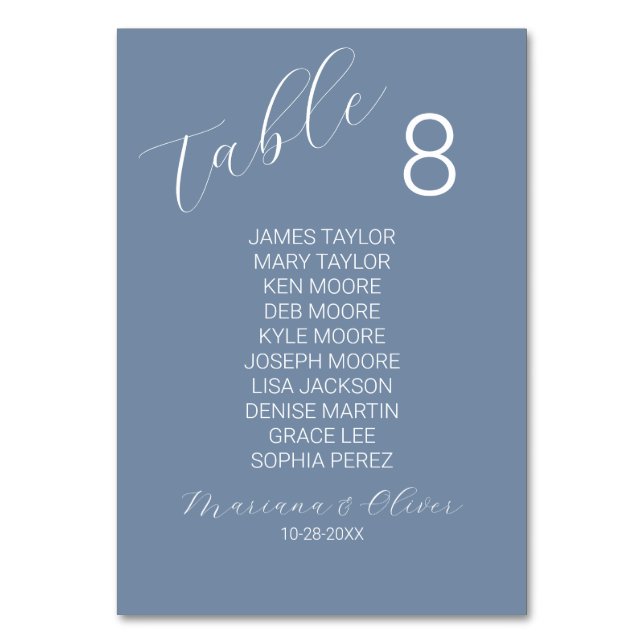 Simple Dusty Blue Table Number Card with Names (Front)
