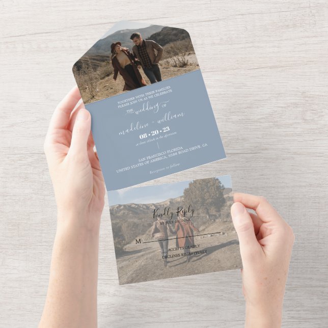 Simple Dusty Blue Trendy Photo Wedding All In One Invitation (Tearaway)