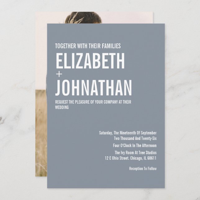 Simple Dusty Blue Typography Wedding Photo Invitation (Front/Back)