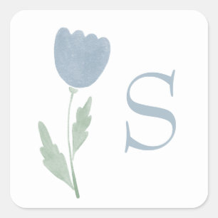 Simple Dusty Blue Watercolor Floral Monogram Square Sticker