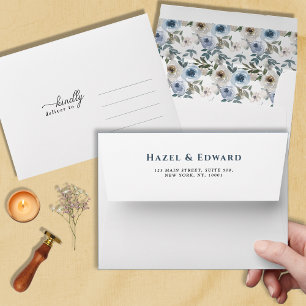 Simple Dusty Blue Watercolor Floral Wedding Envelope
