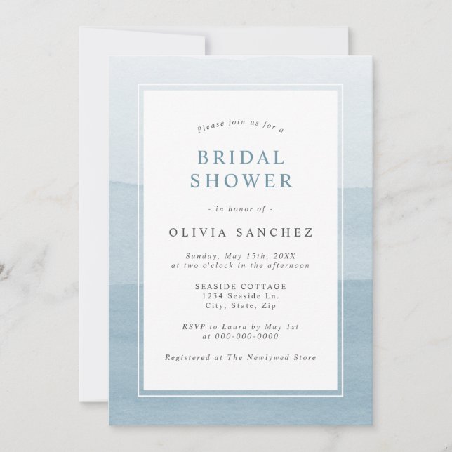 Simple Dusty Blue Watercolor Ombre Bridal Shower Invitation (Front)