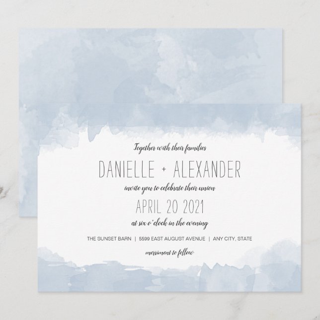 Simple Dusty Blue Watercolor wedding invite (Front/Back)