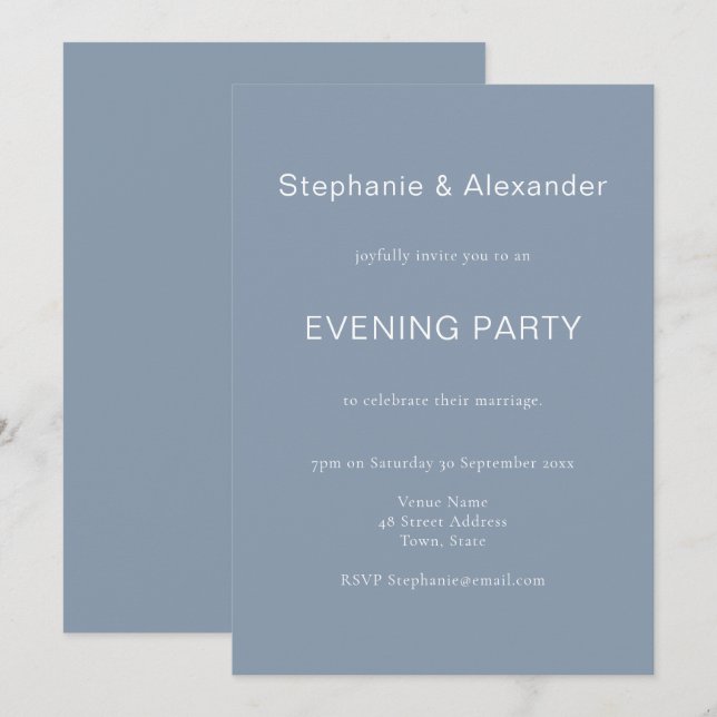 Simple Dusty Blue Wedding Evening Party Invite (Front/Back)