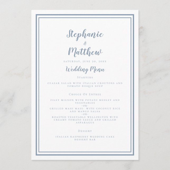 Simple Dusty Blue Wedding Menu Classic Framed (Front)
