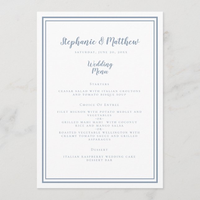 Simple Dusty Blue Wedding Menu Framed Chic (Front)